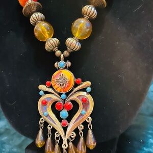 Boho Heart Pendant Necklace with Red, Turquoise, and Amber Accents